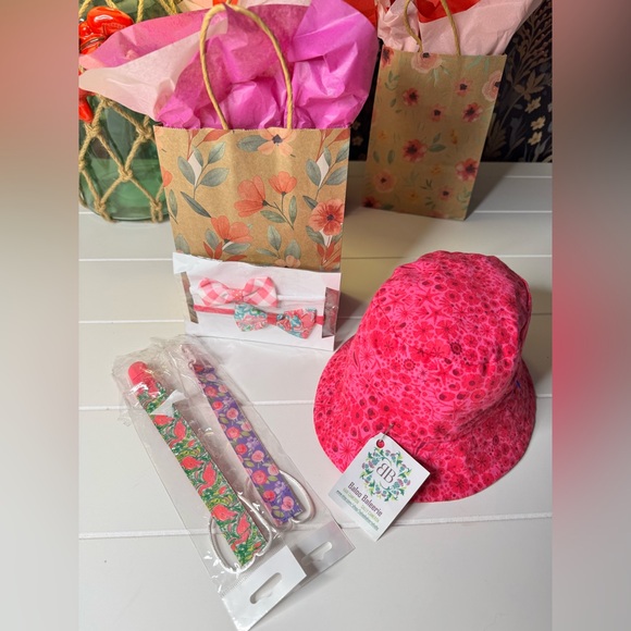 Pink and Orange ~ Set Baloo Balerie Pink Headband~Sun Hat~2 Pacifier Holders - Picture 1 of 11